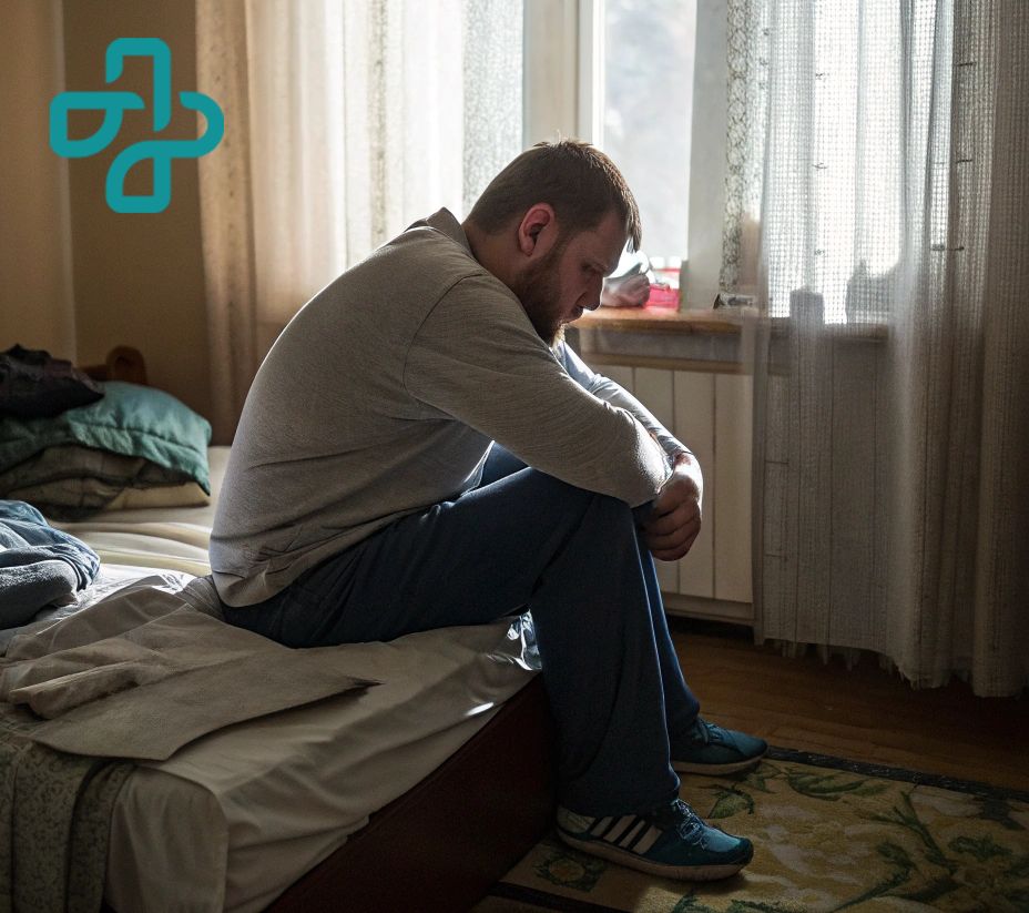 Мужчина средних лет сидит один в комнате 