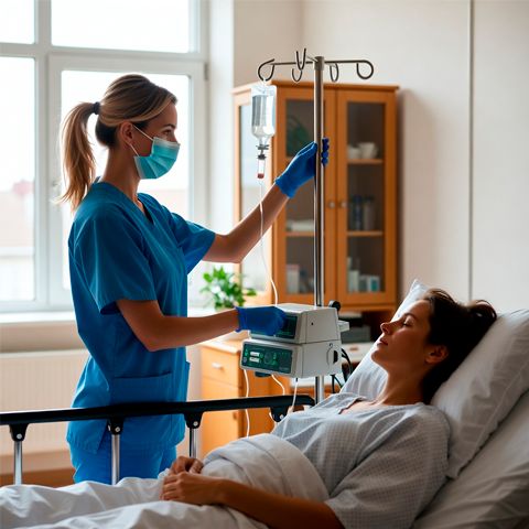 Медсестра регулирует капельницу для лежащей пациентки