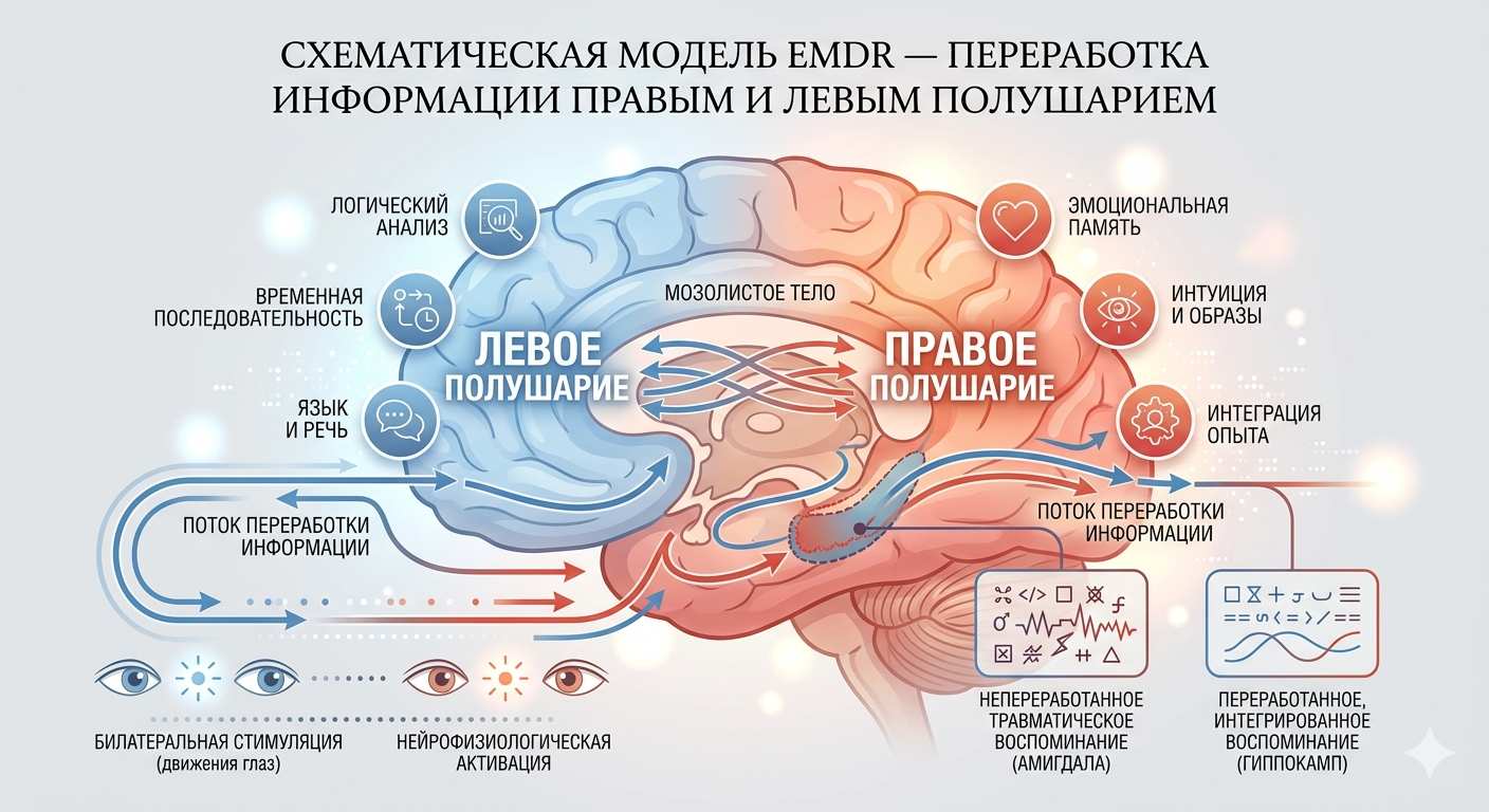 Схематическая модель метода EMDR: процесс билатеральной стимуляции и переработки травматического опыта правым и левым полушариями мозга.